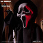 Person wearing a dark hooded outfit with a Ghost Face mask, featuring red and white colors, on a blurred background.