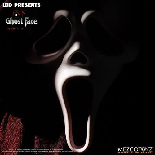 Ghost Face mask from Scream with Mezco Toyz branding on a dark background