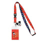 Lanyard with cartoon character design and attached card on a white background