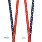 Two views of a lanyard with cartoon character pattern, labeled 'Front' and 'Back'.