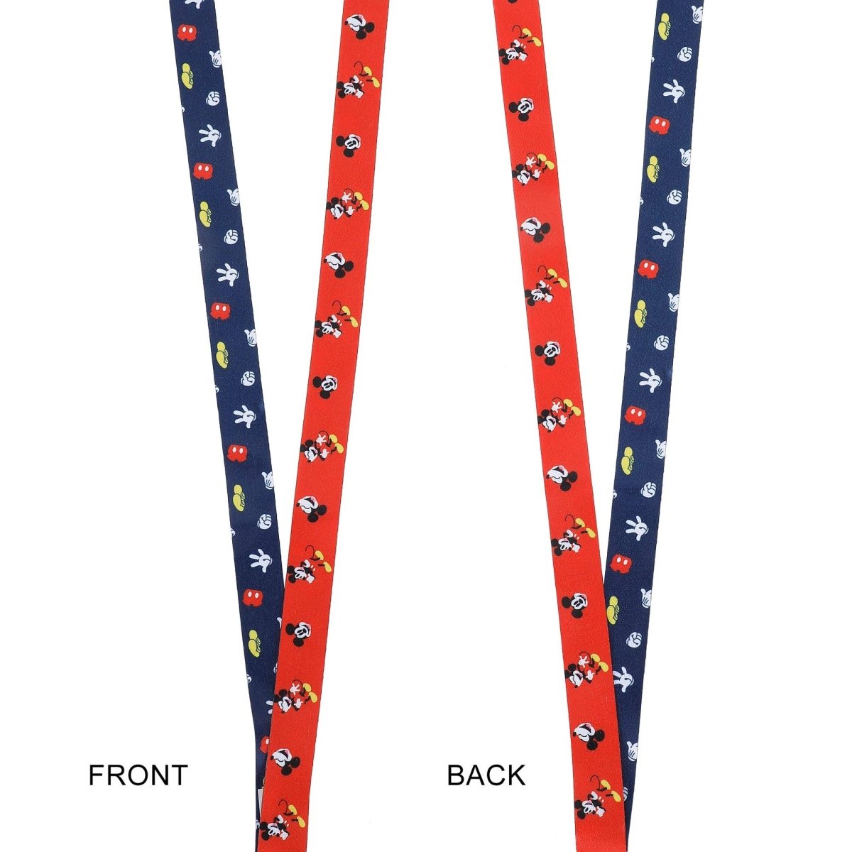 Two views of a lanyard with cartoon character pattern, labeled 'Front' and 'Back'.
