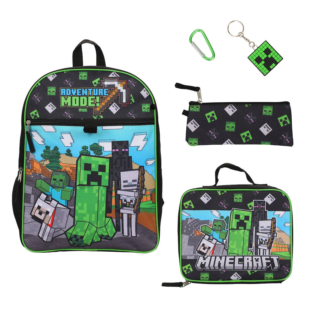 Minecraft-themed backpack, lunch bag, pouch, and keychain set on a white background
