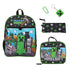 Minecraft-themed backpack, lunch bag, pouch, and keychain set on a white background