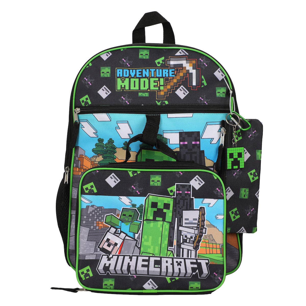 Minecraft-themed backpack with character design on a white background