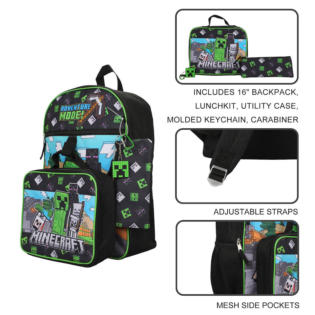 Minecraft-themed backpack set with lunchkit, utility case, keychain, and carabiner on a white background.