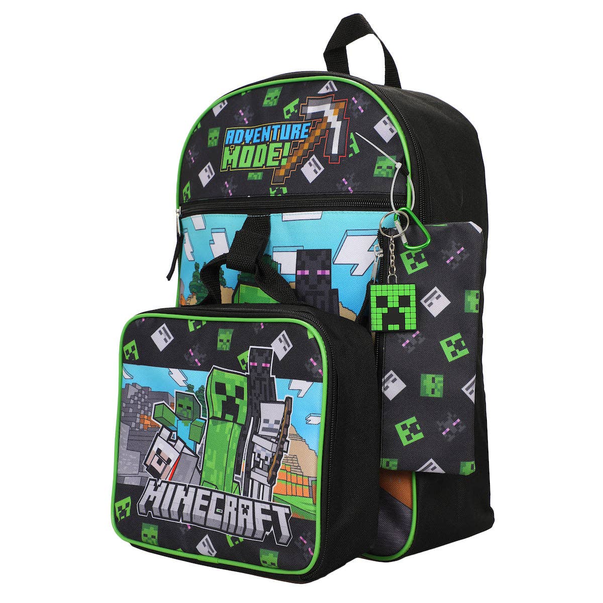 Minecraft-themed backpack and lunch bag set on a white background