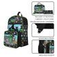 Minecraft-themed backpack set with lunchkit, utility case, keychain, and carabiner on a white background.
