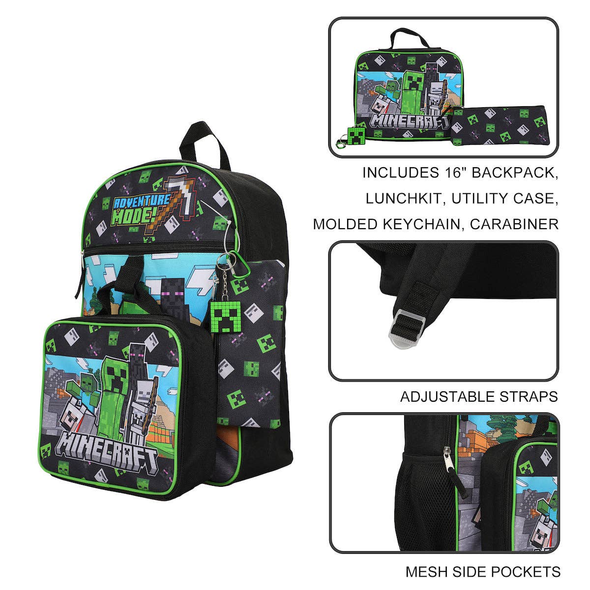 Minecraft-themed backpack set with lunchkit, utility case, keychain, and carabiner on a white background.