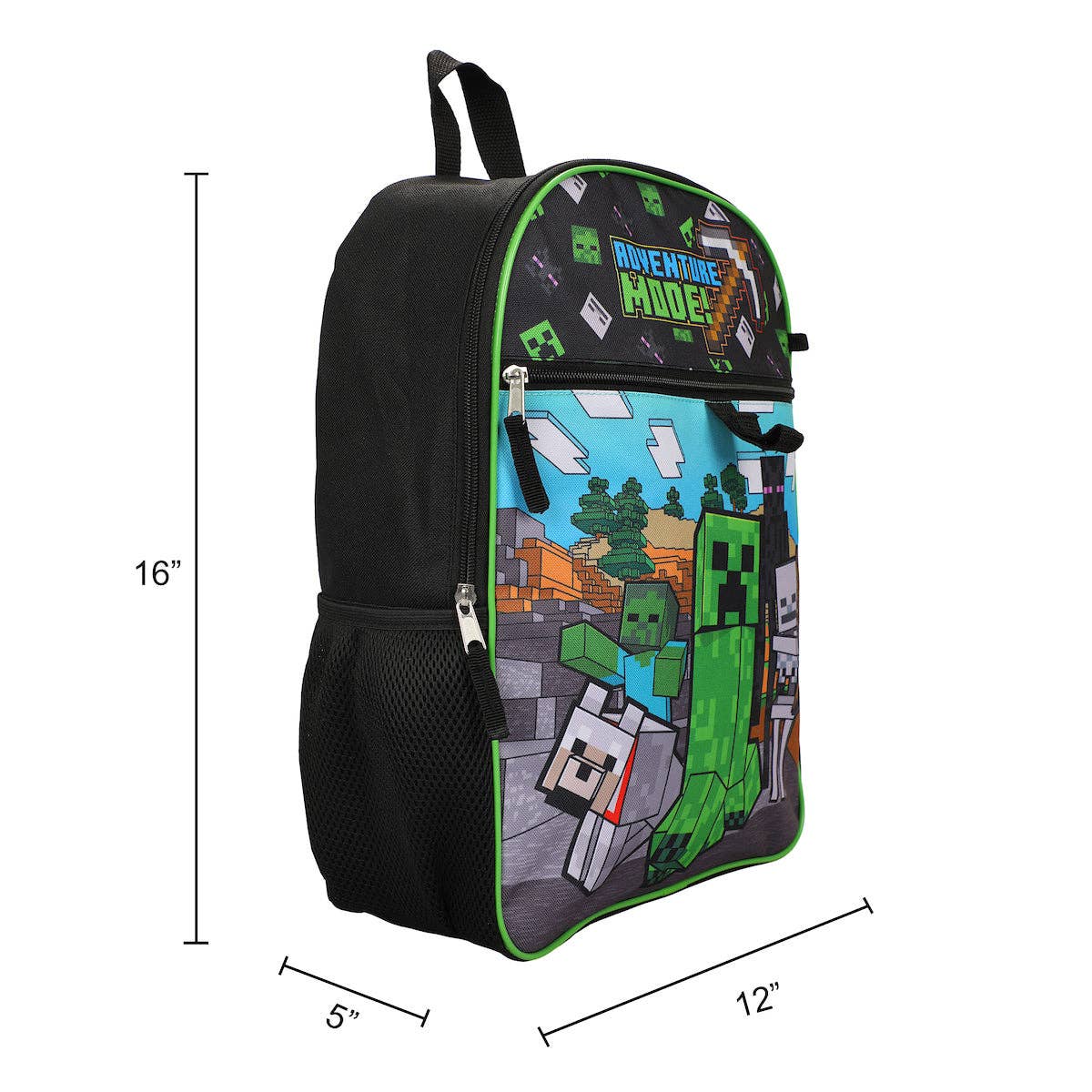 Minecraft-themed backpack with character designs on a white background
