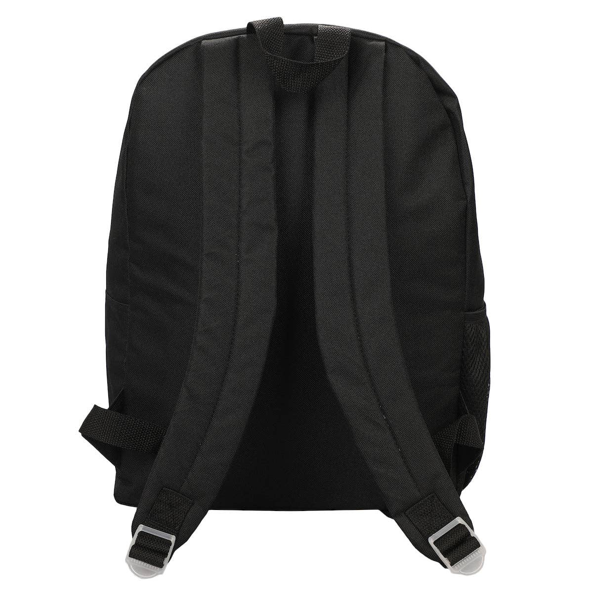 Black backpack shown from the back on a white background