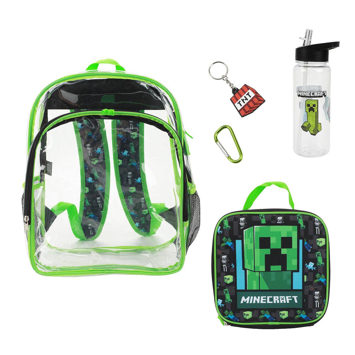 Minecraft-themed backpack, lunch bag, water bottle, and keychain on a white background
