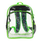 Clear backpack with green straps on a white background