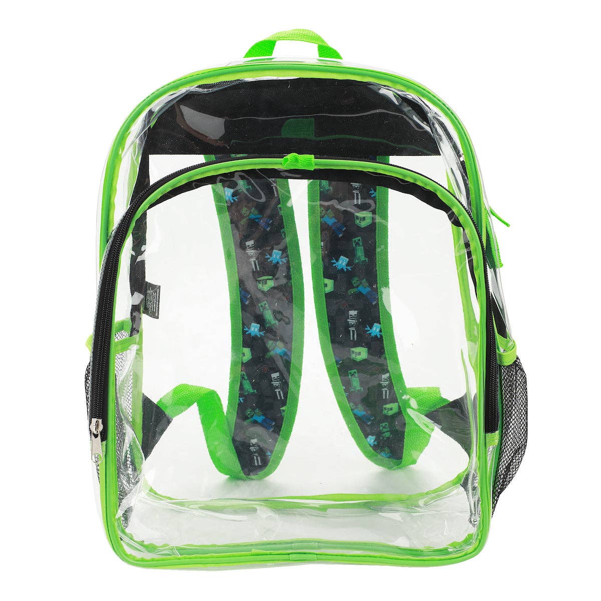 Clear backpack with green straps on a white background