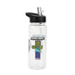 Clear water bottle with Minecraft character and black lid on a white background