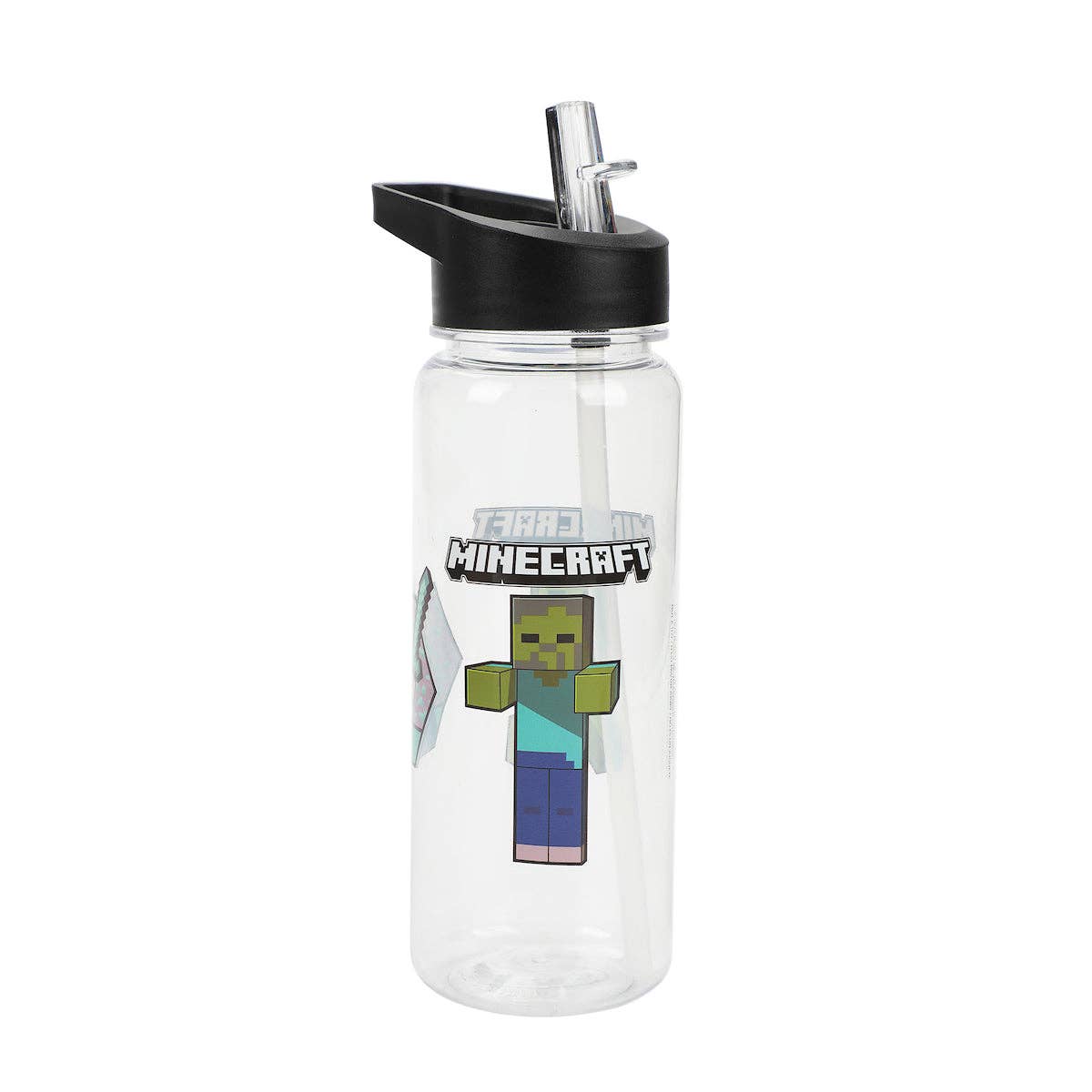 Clear water bottle with Minecraft character and black lid on a white background