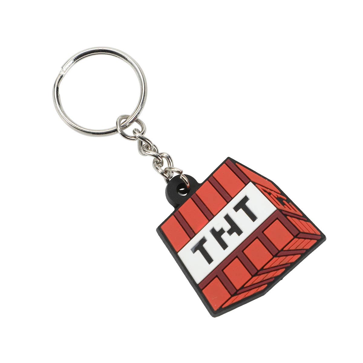 Keychain shaped like a TNT block from a popular video game on a white background