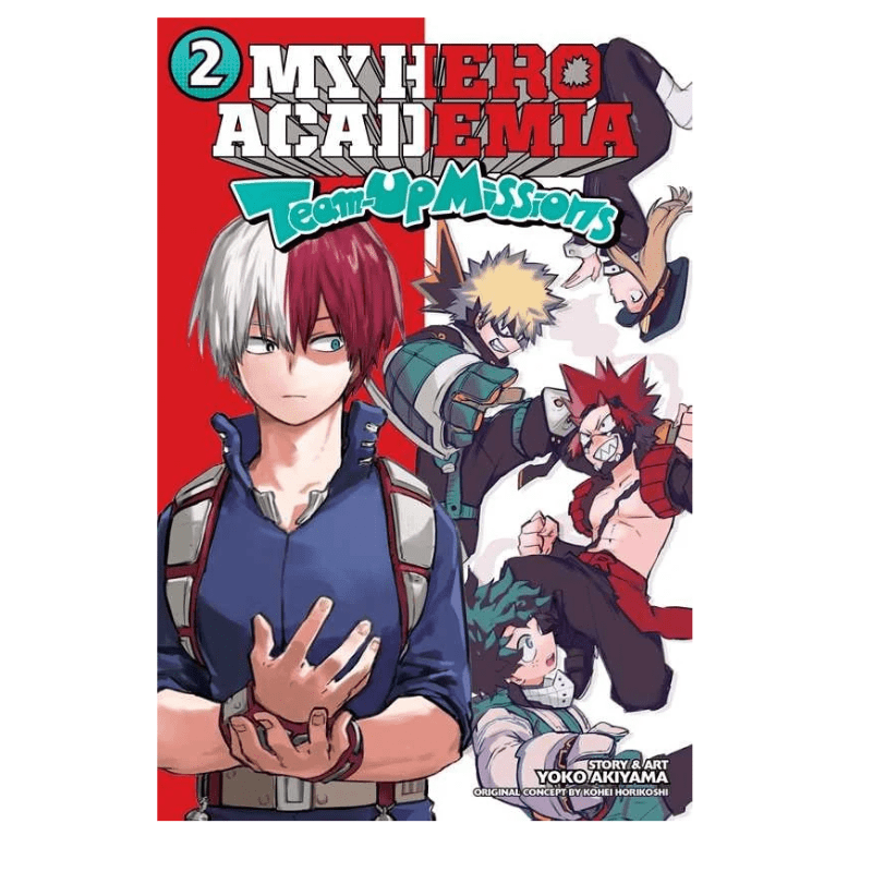 My Hero Academia: Team-Up Missions Volume 2 manga book cover featuring Todoroki, Bakugo, and other characters on a white background.