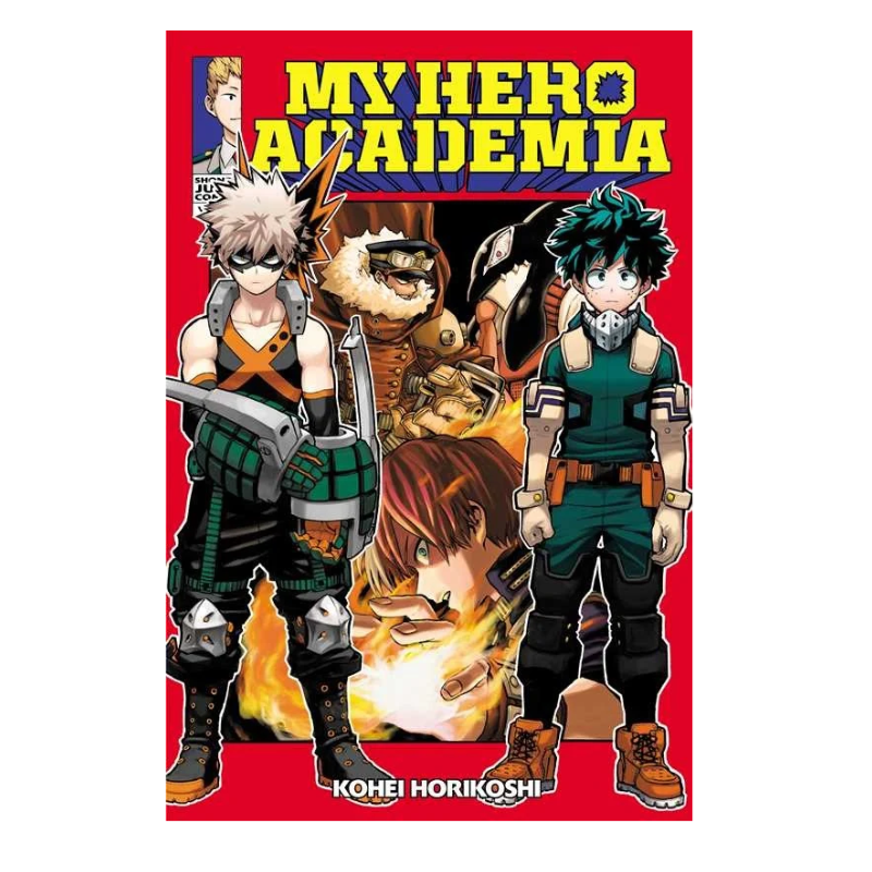 My Hero Academia Volume 1 book cover by Kohei Horikoshi, featuring the title in bold yellow letters on a red background with anime characters Deku and Izumi standing in front of a dramatic illustration.