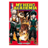My Hero Academia Volume 1 book cover by Kohei Horikoshi, featuring the title in bold yellow letters on a red background with anime characters Deku and Izumi standing in front of a dramatic illustration.