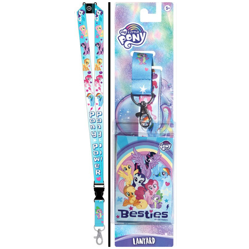 My Little Pony Besties lanyard set in its original packaging, featuring a light blue patterned lanyard with character prints and a matching ID badge holder.