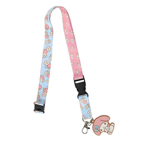 Floral patterned lanyard with a cartoon character keychain on a white background