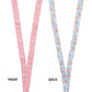Two lanyards with floral patterns, one pink and one blue, on a white background.