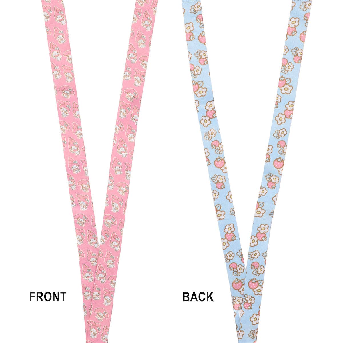 Two lanyards with floral patterns, one pink and one blue, on a white background.