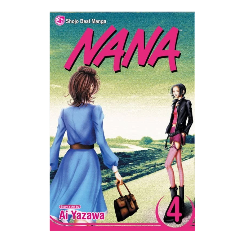 Manga novel cover for 'NANA Volume 4' by Ai Yazawa, featuring an illustrated scene with a woman in a blue dress seen from behind and another woman in a black jacket and pink skirt standing in the foreground. The title 'NANA' is displayed in large pink letters at the top.
