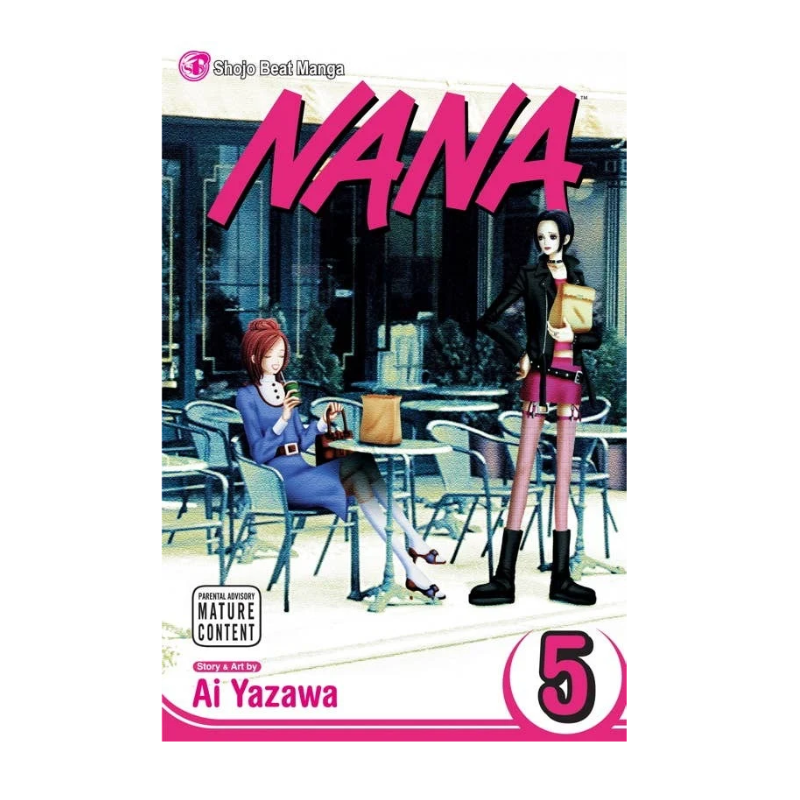 Nana Volume 5 manga book cover by Ai Yazawa, featuring a pink title and illustrated characters in an outdoor cafe setting.