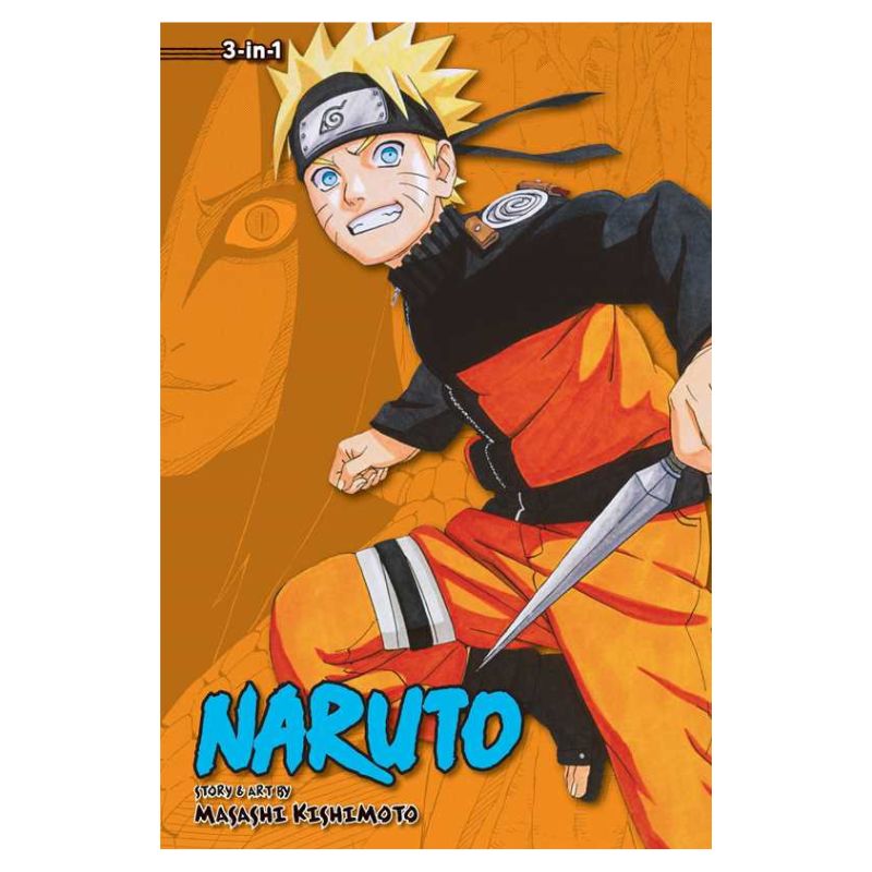 Naruto 3-in-1 manga volume cover featuring Naruto Uzumaki in his orange and black ninja outfit, holding a kunai, with the title 'NARUTO' and creator Masashi Kishimoto's name on an orange background.