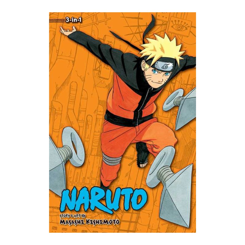 Naruto 3-in-1 manga volume cover featuring the main character in an orange jumpsuit and black jacket on an orange background with large gray gears, plus the title 'NARUTO' in blue at the bottom.