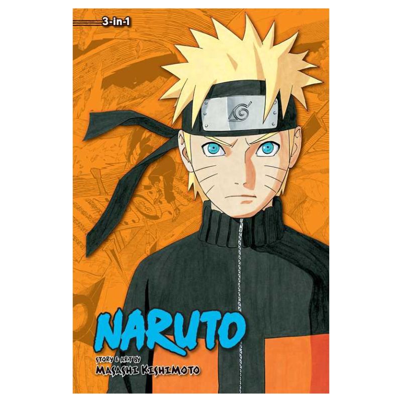 Naruto manga volume cover featuring the character Naruto Uzumaki on an orange background with the title 'NARUTO' in large blue letters and the author name Masashi Kishimoto.