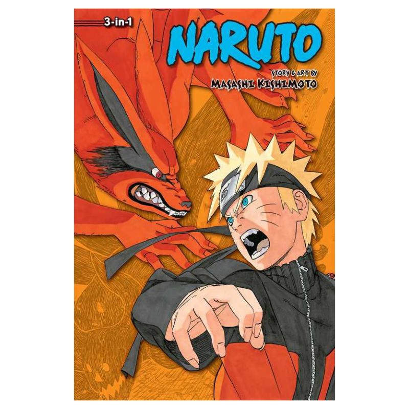 Naruto 3-in-1 Volume 1-3 manga book cover art by Masahiro Hoshino, featuring Naruto in the foreground and a large red Fox Nine-tailed Fox in the background against an orange textured backdrop.