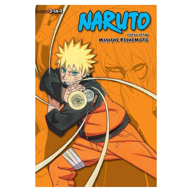 Naruto 3-in-1 manga volume cover featuring Naruto Uzumaki in his orange and black outfit with a Sharingan gauntlet, set against a bold orange background with anime character artwork.