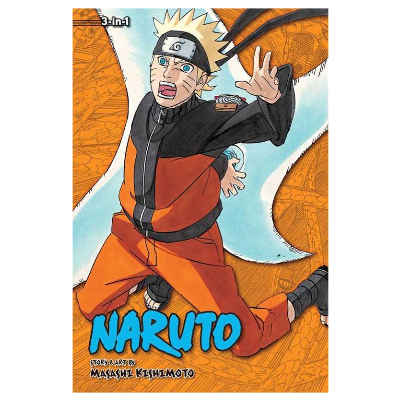 Naruto manga volume cover featuring Naruto Uzumaki in his orange and black ninja outfit, kneeling in a dynamic pose with his hand raised. The title 'NARUTO' is printed in large blue letters at the bottom, with 'Story and art by Masahiro Kishimoto' written underneath.