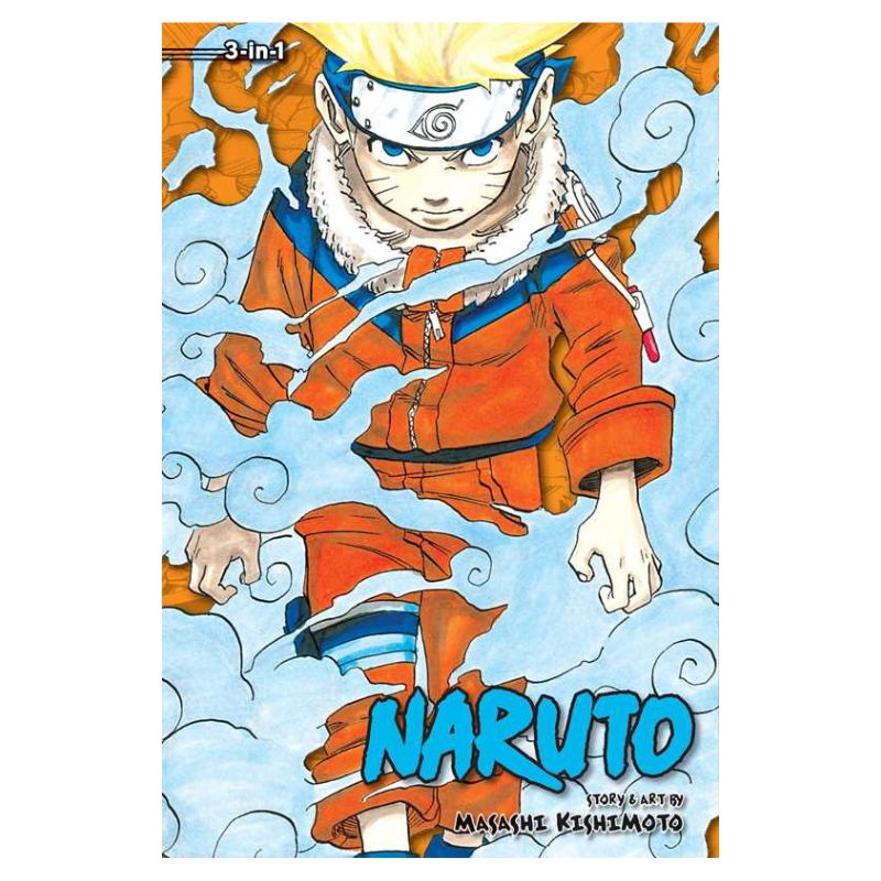 Naruto manga volume cover featuring Naruto Uzumaki in his orange and blue jumpsuit with a white fur collar, holding a sword, with the title 'NARUTO' and creator name Magpie Kechimoto on a light blue and orange cloud-patterned background.