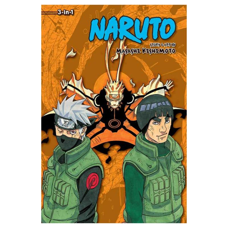 Naruto 3-in-1 manga volume cover featuring the title 'NARUTO' in large blue letters, with the author name Masashi Kishimoto and illustrated characters Kakashi and Naruto in green and black outfits against an orange background.