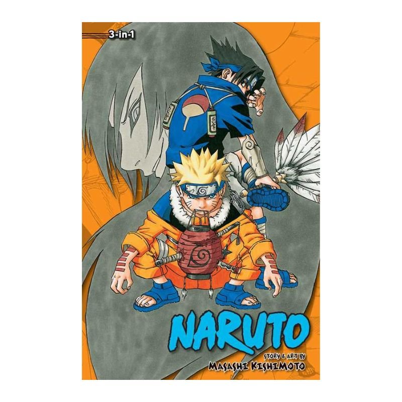 Naruto Shippuden 3-in-1 Volume 1-3 manga book cover by Masashi Kishimoto, featuring Naruto, Sasuke, and Sakura in action poses against an orange and gray background.