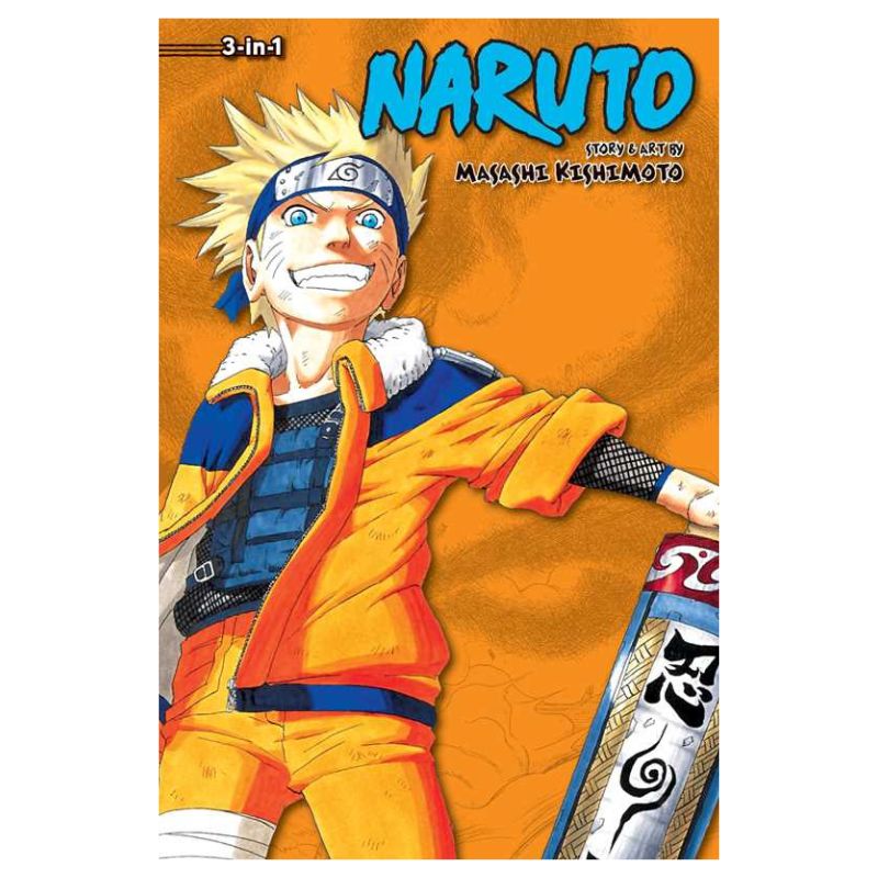 Naruto 3-in-1 manga volume cover featuring Naruto Uzumaki in his orange and blue jacket against an orange background, with the title 'NARUTO' and creator name Masashi Keshimoto visible.