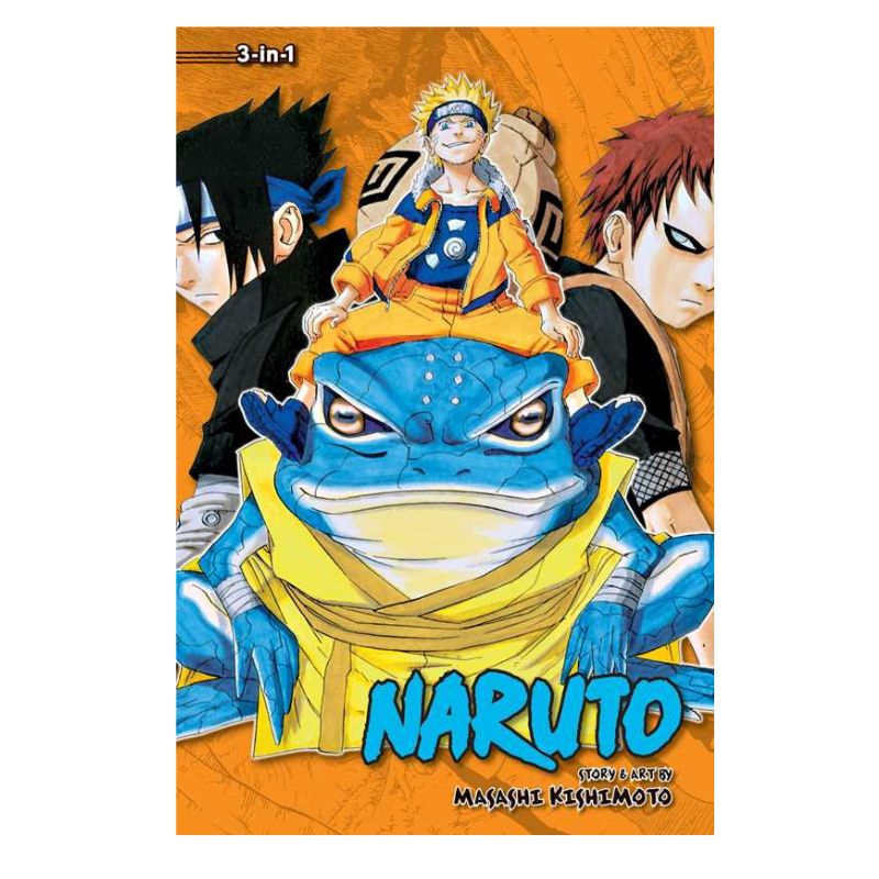 Naruto manga volume cover featuring a blue toad wearing a yellow bandana, with Naruto riding on its back, Sasuke and Sakura in the background, and the title 'NARUTO' at the bottom.