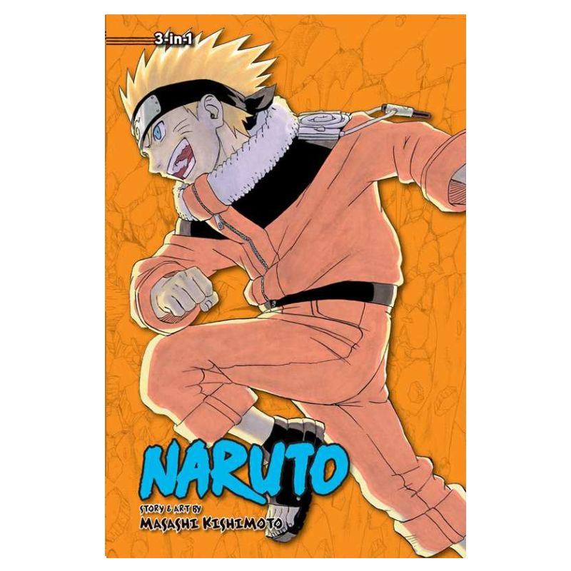 Naruto manga volume cover featuring Naruto Uzumaki in his orange jumpsuit running forward against an orange cracked background, with the title 'NARUTO' in large blue letters at the bottom.