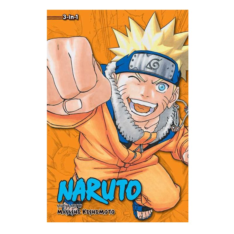 Naruto manga volume cover featuring the character Naruto Uzumaki in his orange and blue outfit with a raised fist, on an orange background with the title 'NARUTO' and creator text 'MASAHIE KISHIMOTO'.