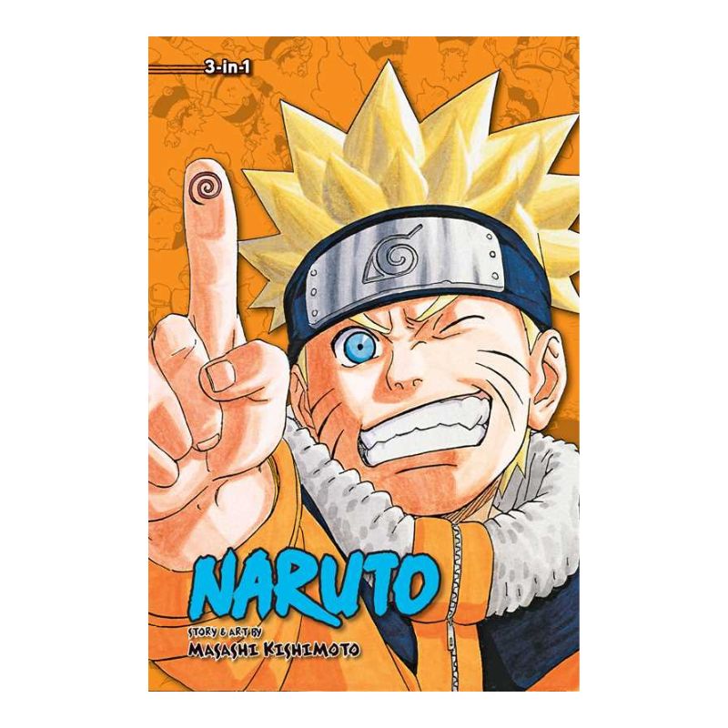 Naruto 3-in-1 manga volume cover featuring Naruto Uzumaki making the Rasengan gesture against an orange background.