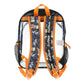 Transparent backpack with Naruto branding and orange straps on a white background