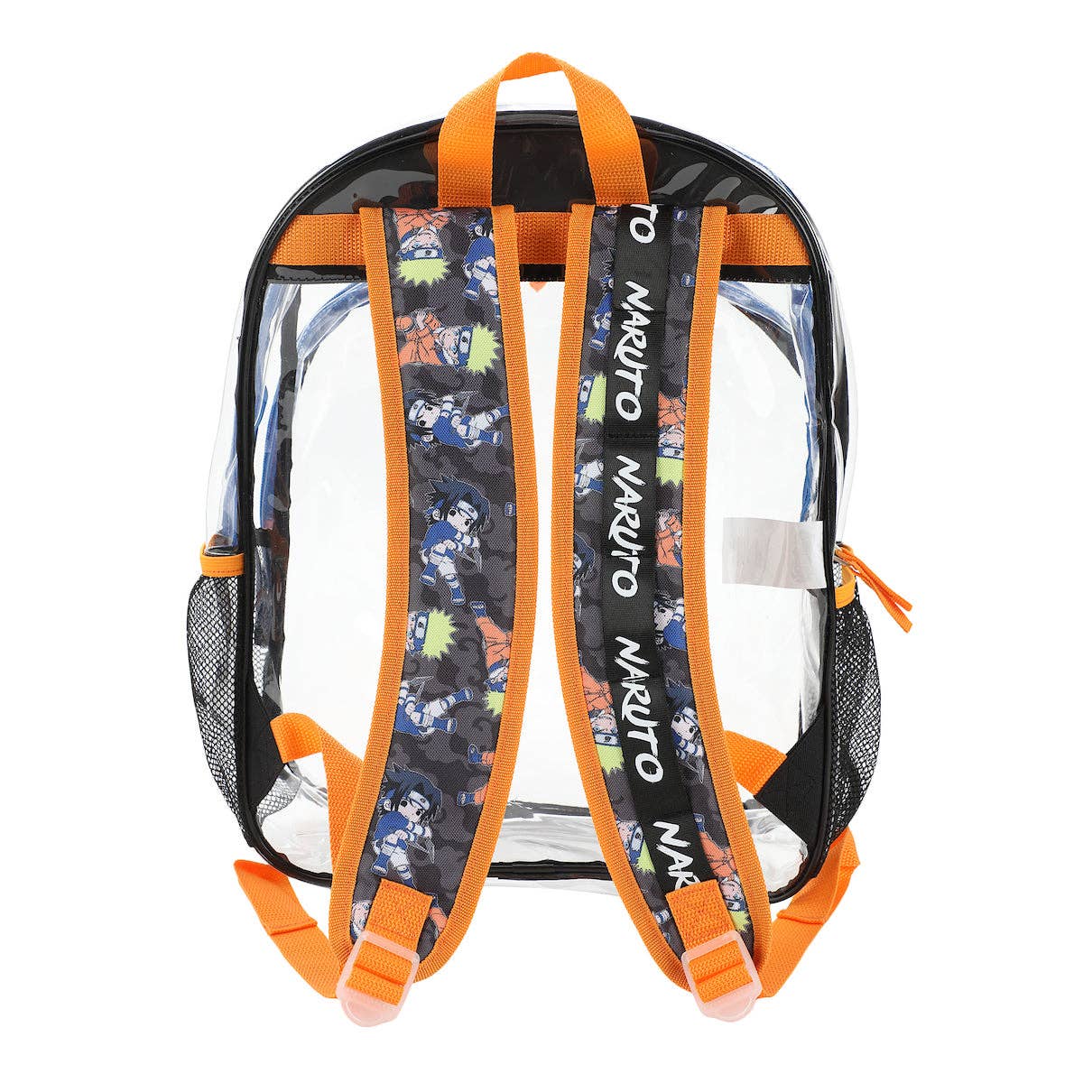 Transparent backpack with Naruto branding and orange straps on a white background
