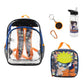 Set of backpack, lunch bag, water bottle, and keychain with anime character design on a white background.