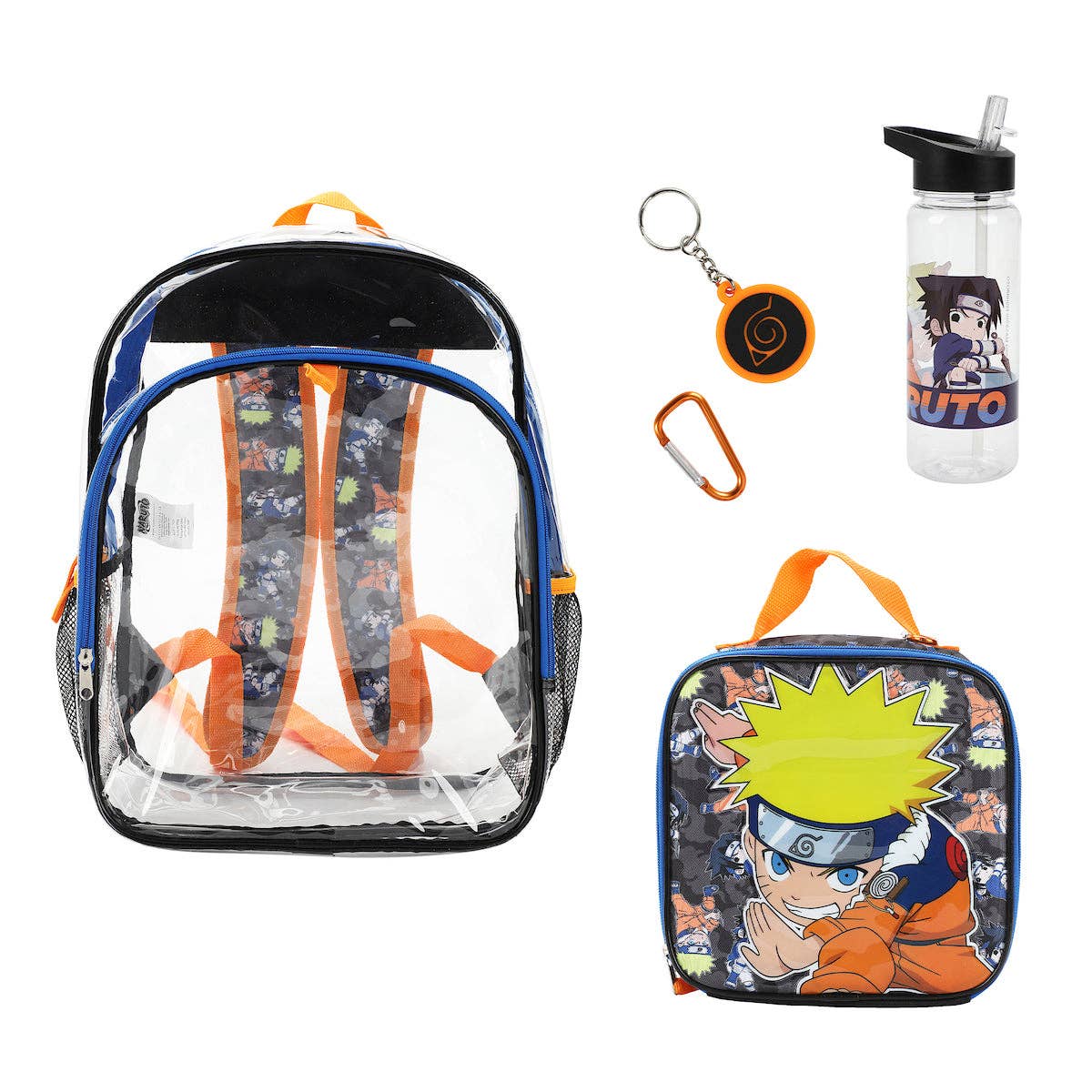 Set of backpack, lunch bag, water bottle, and keychain with anime character design on a white background.