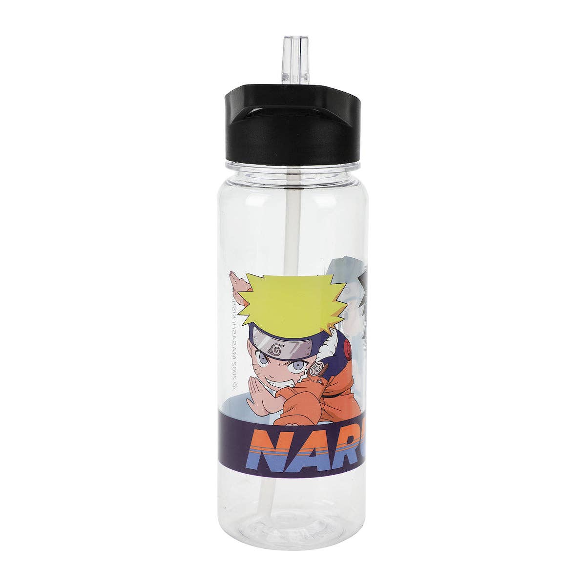 Clear water bottle with Naruto character design on a white background