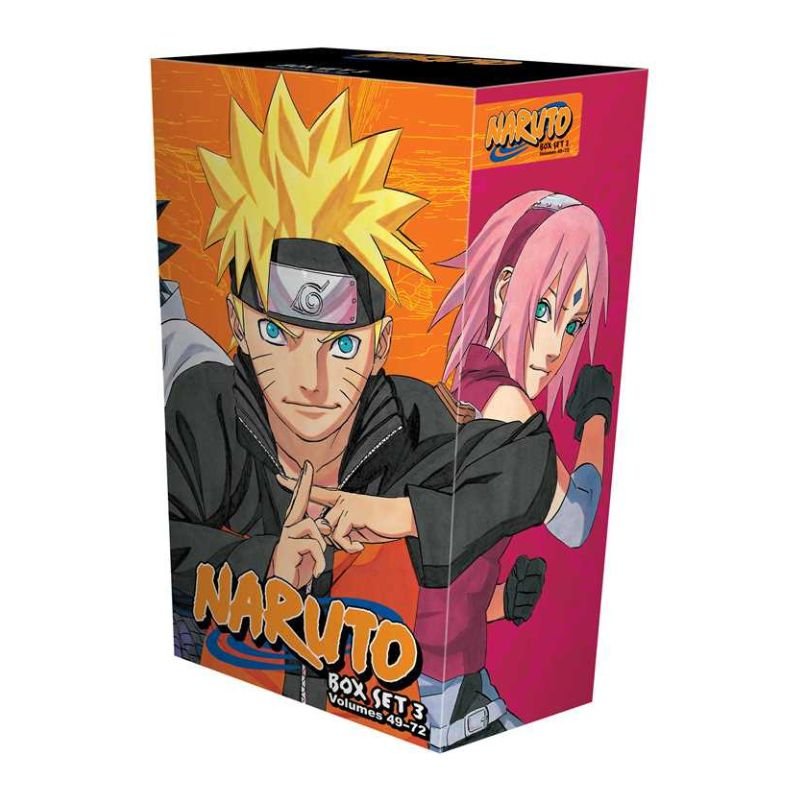 Naruto Box Sets 3: Madara's Puzzle box set packaging, featuring anime characters Naruto and Sakura on a vibrant orange and pink background.