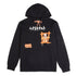 Black hoodie with graphic design on a white background